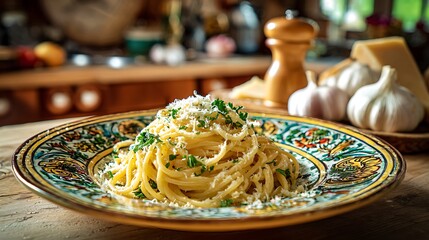High quality image of closeup of delicious spaghetti aglio e olio with garlic and olive oil.