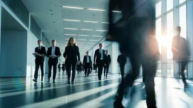 Busy professionals moving quickly through a modern sunlit corporate hallway, 4k high quality