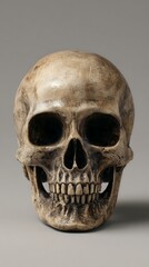 Obraz premium High quality image of front view of a human skull on a gray background, symbol of death.