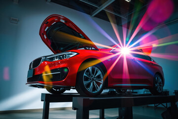 Fototapeta premium Red Car Under Bright Lights