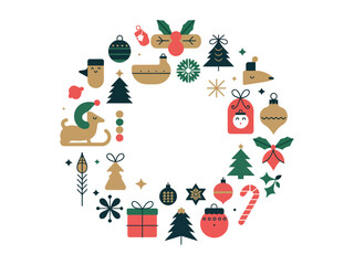A festive circular arrangement of Christmas ornaments and symbols.