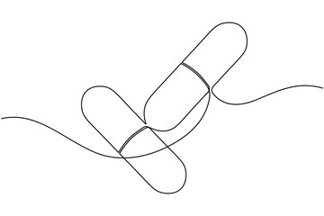 Pharmaceuticals capsule and tablets continuous one line drawing on white background minimalist medicine pill outline vector illustration