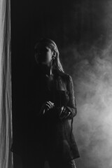 A mysterious woman stands in silhouette against a bright window, surrounded by dramatic smoke and shadows