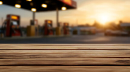 Obraz premium Wooden table with gas station background at sunset. This scene is a perfect blend of convenience and scenic beauty, evoking feelings of travel and a modern way of life.