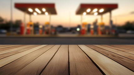 A wooden platform overlooks a blurred gas station at dusk, with a soft sunset gradient visible in the background. The wooden planks create a foreground texture and perspective.