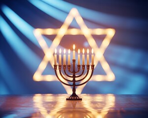 Golden menorah with bright flames reflecting on a smooth surface, perfect for Hanukkah celebrations.