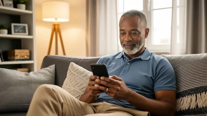Mature man happily scrolling through his smartphone while relaxing on a comfortable sofa at home, 4k high quality - Powered by Adobe