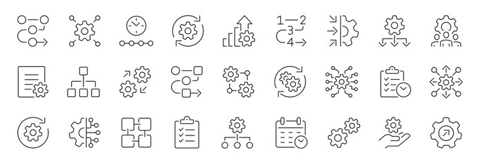 Workflow thin line icons set. Editable stroke. Vector