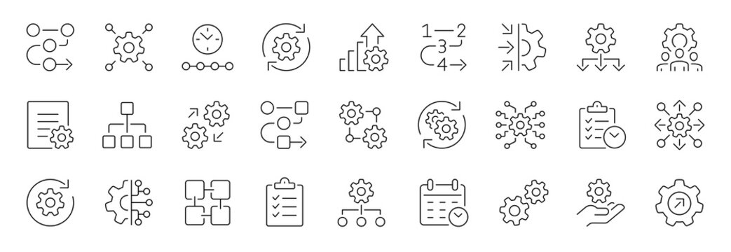 Workflow thin line icons set. Editable stroke. Vector