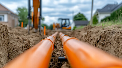 Construction zone with orange pipes in a trench, heavy machinery in the background. Infrastructure project showing the installation of underground services in a residential area.