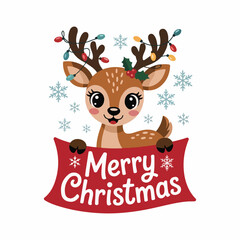 Naklejka premium Christmas 2025 Reindeer with Merry Christmas Banner and Holiday Ornaments