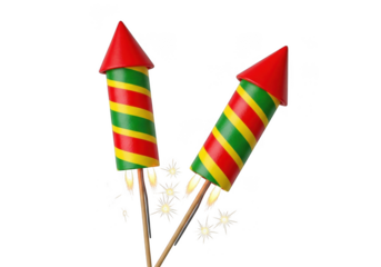 Two colorful fireworks rockets with red tips and striped bodies on a transparent background