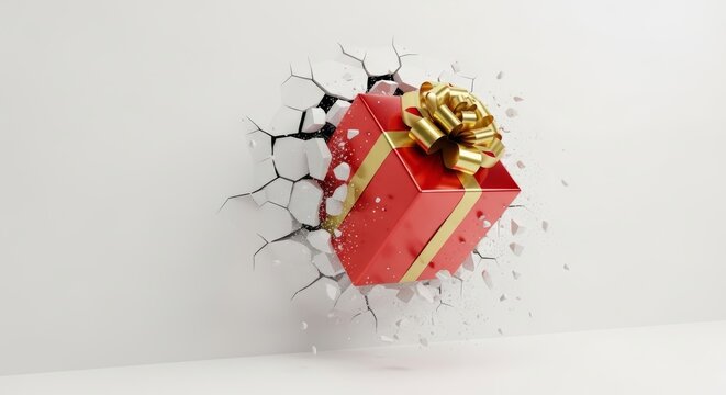 Christmas present busting or breaking through a wall on a solid white background