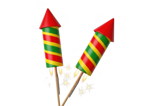 Two colorful fireworks rockets with red tips and striped bodies on a transparent background