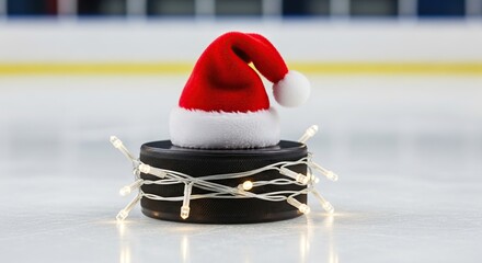 Christmas hockey puck with Santa hat and fairy lights on ice rink, festive winter sports background
