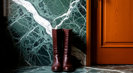 winter boots on doormat: Brown leather boots placed by wooden door on marble floor  