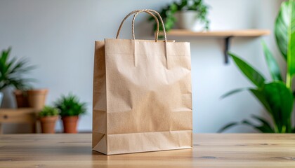 Eco-Friendly Brown Paper Shopping Bag with Plants in Background