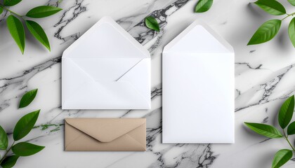 Flat lay of blank envelopes with fresh green leaves on a marble surface for a wedding invitation template