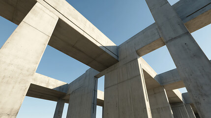 A modern, concrete building structure against a clear sky. The intersecting beams create a geometric pattern, emphasizing architectural design and strength. Minimalist aesthetic.