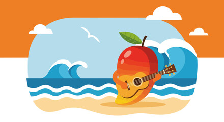 A Cheerful Mango Character Plays Guitar by the Ocean During a Sunny Afternoon