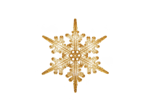 A single, sparkling golden snowflake ornament, isolated on transparent background