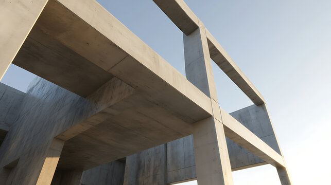 Minimalist architecture featuring geometric concrete structures against a bright sky. The interplay of light and shadow enhances the geometric forms. #architecture #concrete