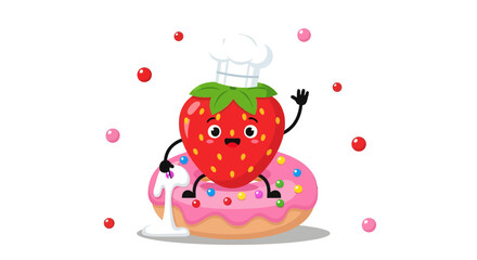 Fototapeta premium A Cheerful Strawberry Chef Character Baking, Sitting On A Delightful Pink Doughnut