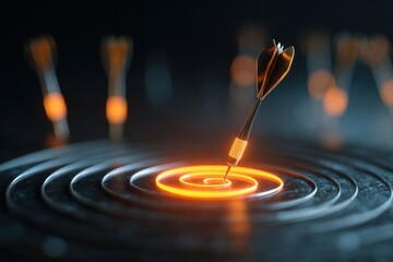 Glowing golden dart striking bullseye center with concentric circles on dark background success concept