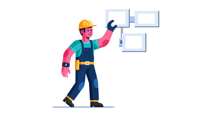 A Construction Worker Assembling Display Panels Against A Clean White Background