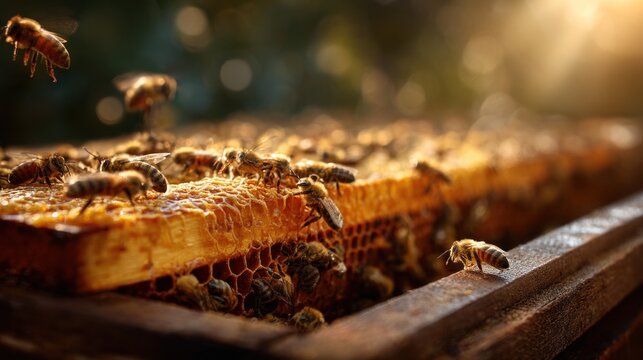 Detailed close-up of honeycomb frame with active bees in Langstroth hive depicting beekeeping apiary - Powered by Adobe
