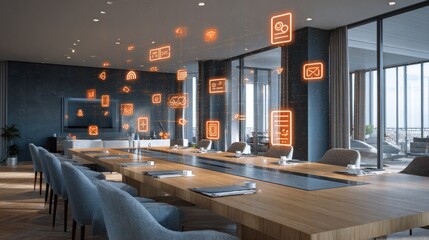 Modern conference room with holographic floating digital app icons representing technology business innovation