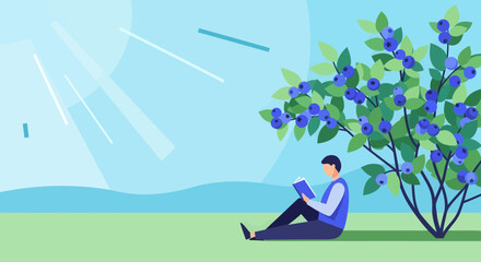 A Person Reads Under A Blueberry Bush Enjoying The Beautiful Sunny Day