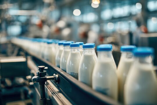 Milk bottles on advanced production line dairy factory manufacturing automated industrial processing