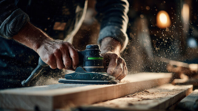 Professional woodworker using electric sander on wooden surface in workshop carpentry craftsmanship - Powered by Adobe