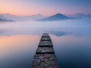Stone path on calm lake at sunrise with misty mountains