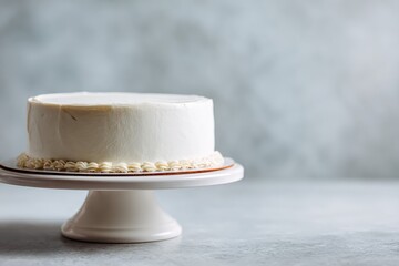 Single small round cake covered in smooth white frosting first layer baking pastry dessert