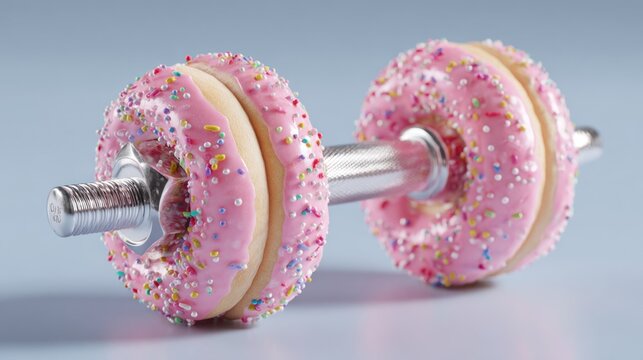 Whimsical dumbbell made of pink frosted donuts with colorful sprinkles playful fitness art