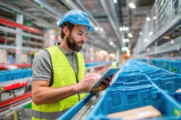 Worker in safety vest and hard hat uses tablet monitoring warehouse logistics supply chain