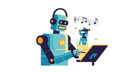 A Robotic Composer Creating Music While Wearing Headphones And Working On A Tablet