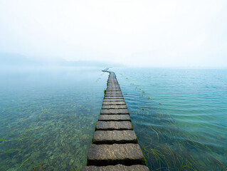 Stone walkway crossing calm blue water with aquatic plants