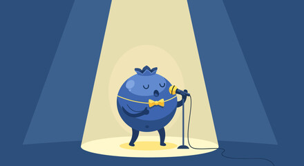 A Singing Blueberry Performing Under The Spotlight With A Bow Tie And Crown
