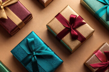 Colorful Gift Boxes with Ribbons Arranged Diagonally for Festive Celebrations