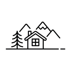Fototapeta premium Minimalist cabin logo design with pine tree and mountain outline vector illustration for travel, outdoor adventure, nature resort, and real estate branding icon on white background