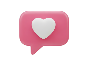 Pink Speech Bubble Icon with White Heart Shape on Black Background 3D Render