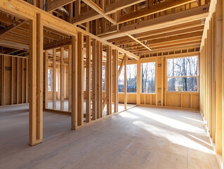 Fototapeta premium A modern home under construction, showcasing the exposed wooden framework and the design of the unfinished space. Sunlight streams through the window openings. Simple and clean.