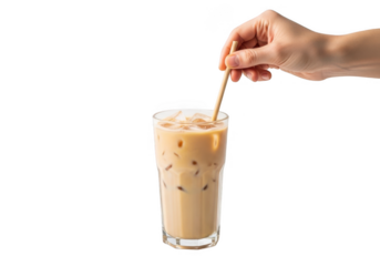 Hand stirring iced coffee with a straw in a tall glass, isolated on transparent background