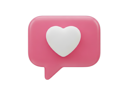 Pink Speech Bubble Icon with White Heart Shape on Black Background 3D Render