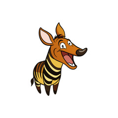 A cartoon okapi with brown and yellow stripes and a happy expression isolated on white background
