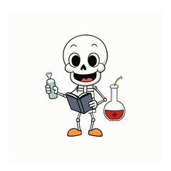 A cheerful cartoon skeleton character holding a book and a potion bottle with a science flask nearby isolated on white background