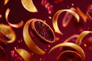 Perfume ingredients flying air maroon background fragrance composition scent elements